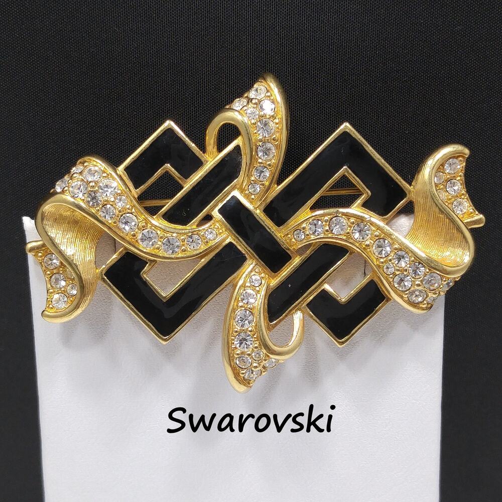 Vintage Swarovski Ribbon Brooch Black Enamel & Clear Pavé Crystals